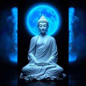 A white Buddha statue meditating under a glowing blue moon, surrounded by dark shadows.