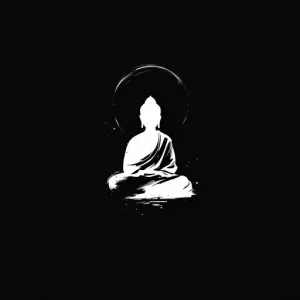 Silhouette of a seated Buddha figure against a black background, with a circular halo surrounding the head.