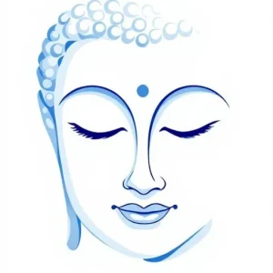 Artistic depiction of a Buddha face with closed eyes and a peaceful expression, illustrated in shades of blue.
