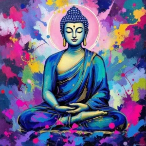 Vibrant artistic representation of a seated Buddha figure surrounded by splashes of pink, blue, and yellow paint.