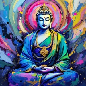 A colorful artistic representation of Buddha meditating, surrounded by a radiant halo.