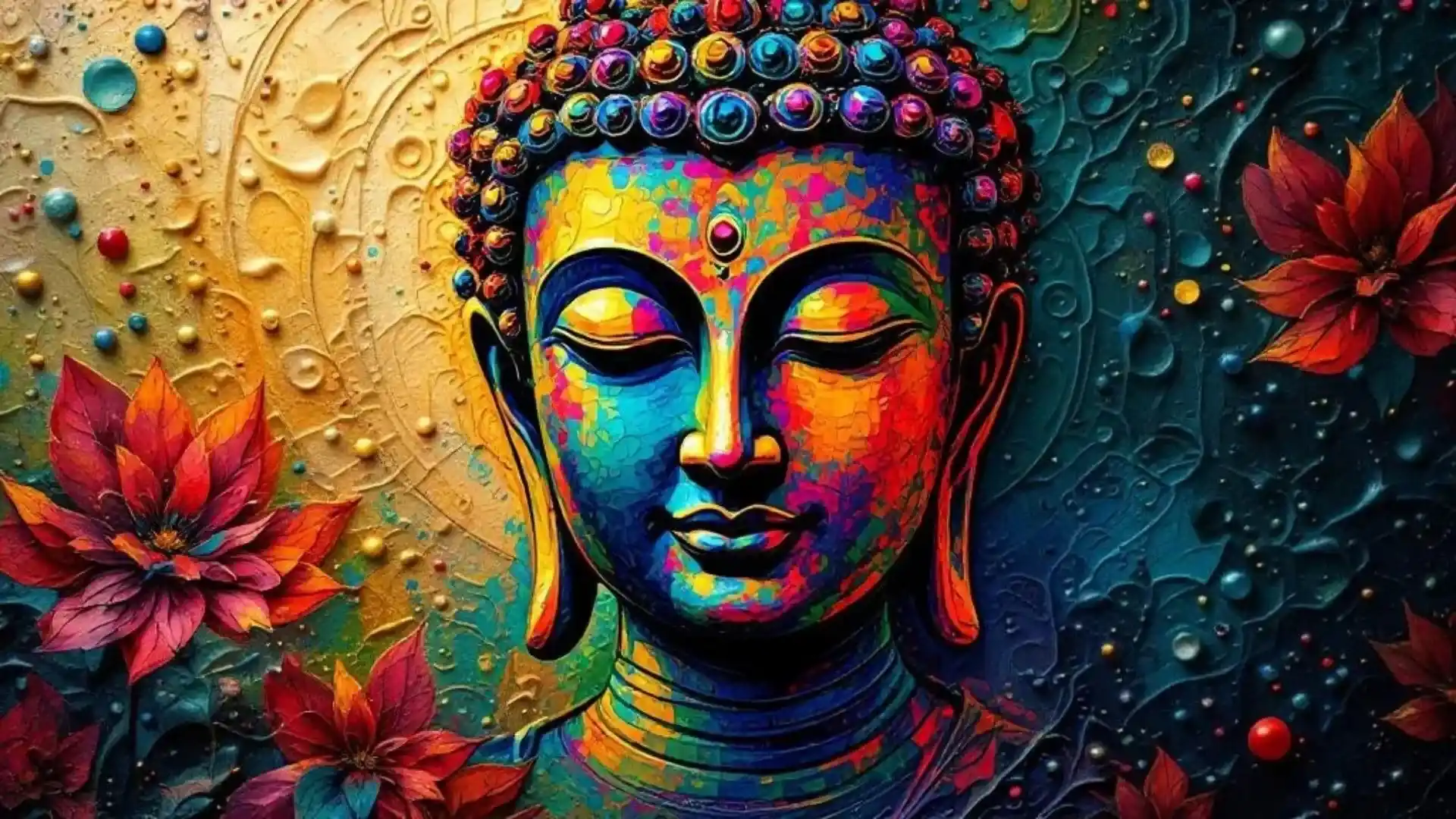Colorful illustration of a Buddha face with intricate details and surrounding flowers.