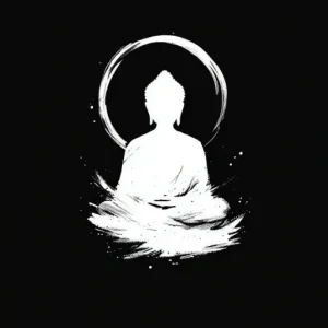 Silhouette of a meditating figure resembling a Buddha against a black background, encircled by a brushstroke halo.