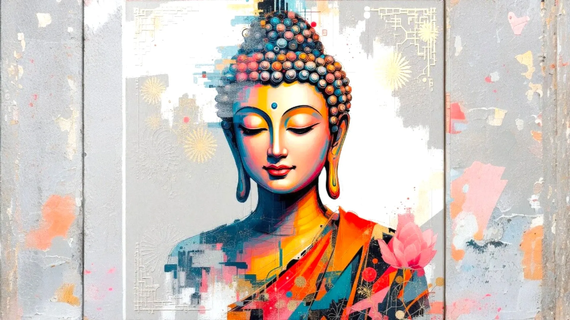 An artistic representation of Buddha with a colorful and modern design, featuring floral elements and a bright background.