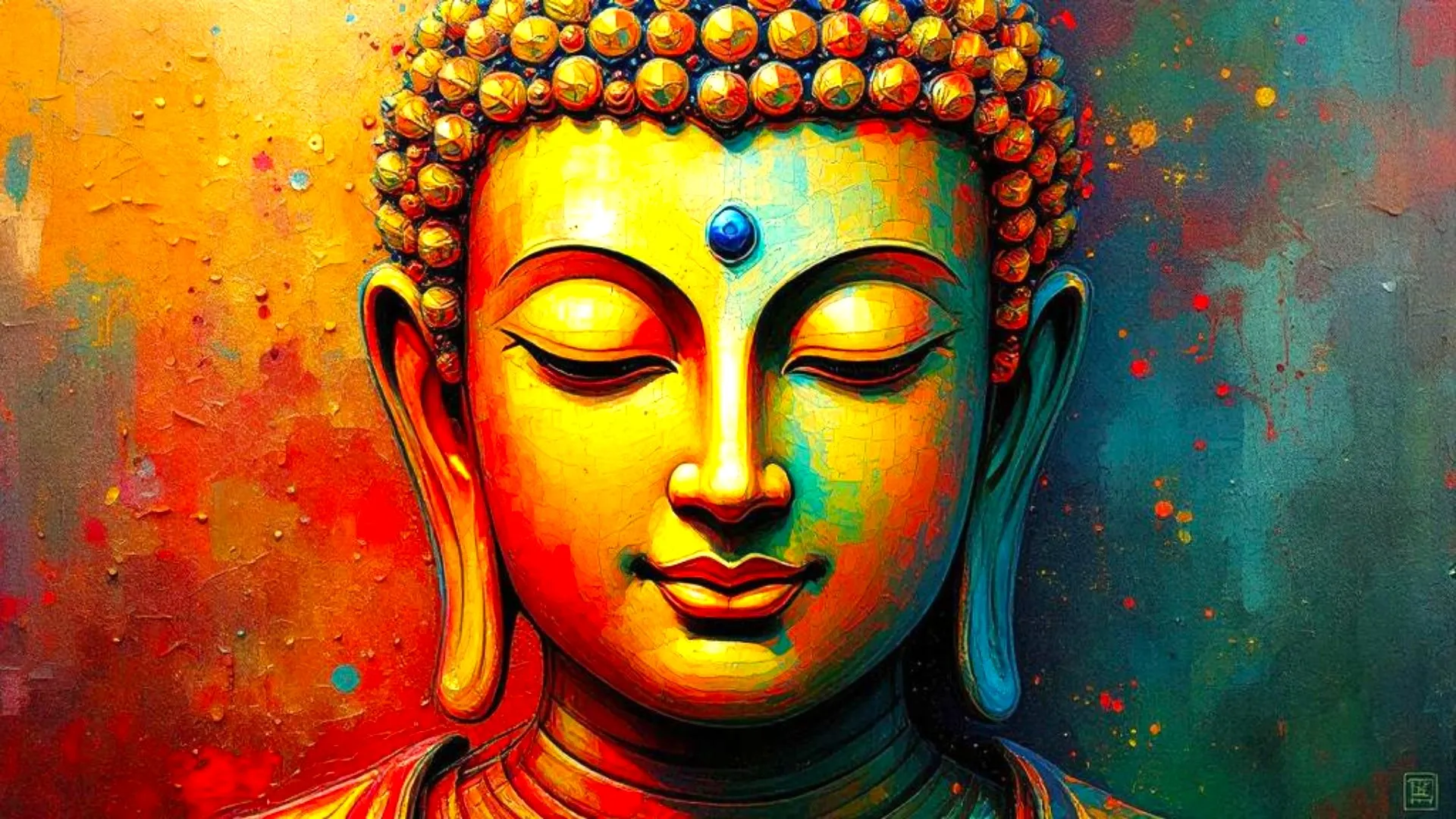 A colorful depiction of a Buddha face with closed eyes, featuring a golden hue and intricate details, set against a vivid abstract background of red, orange, and blue tones.