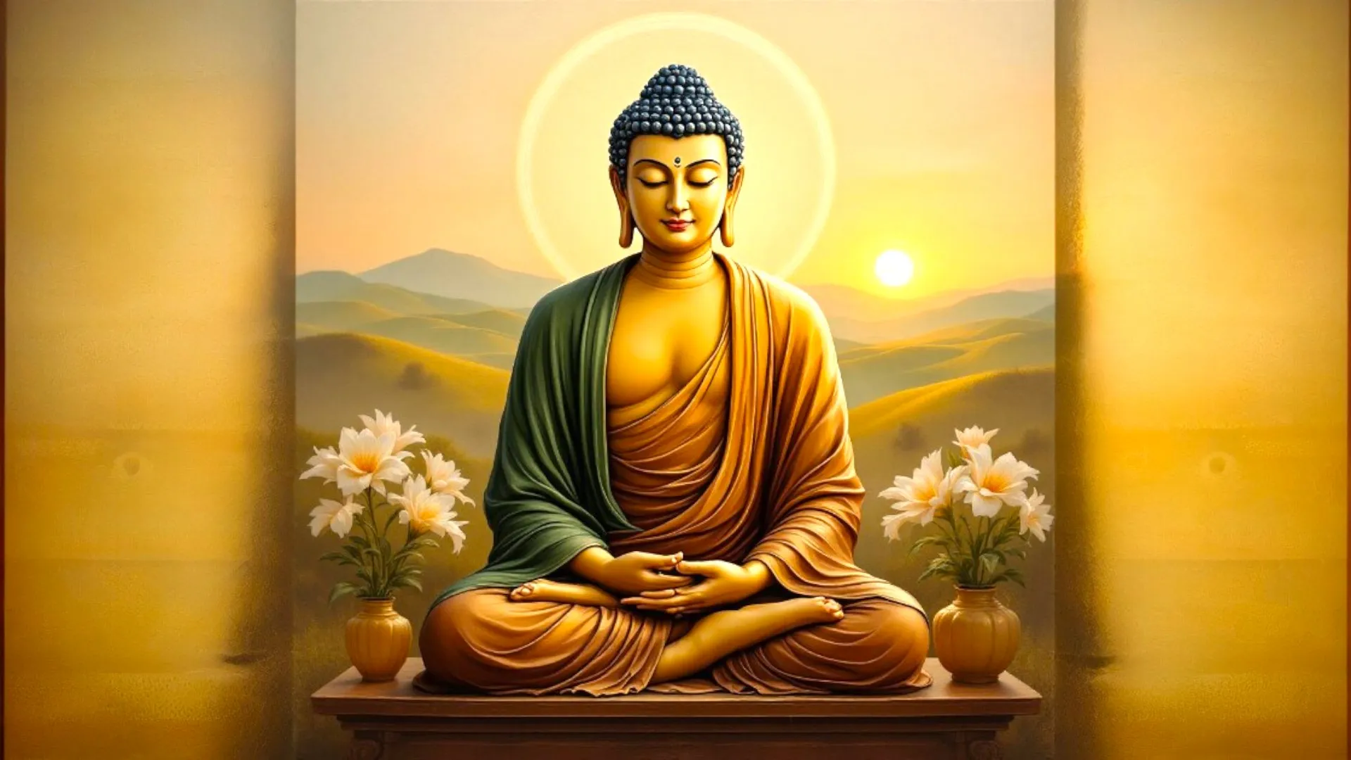 A golden statue of Buddha in a meditative pose, set against a backdrop of rolling hills and a sunrise. White flowers are placed on either side.