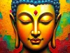 Close-up of a colorful Buddha face with closed eyes, a red dot on the forehead, and an intricate background in shades of orange, green, and teal.