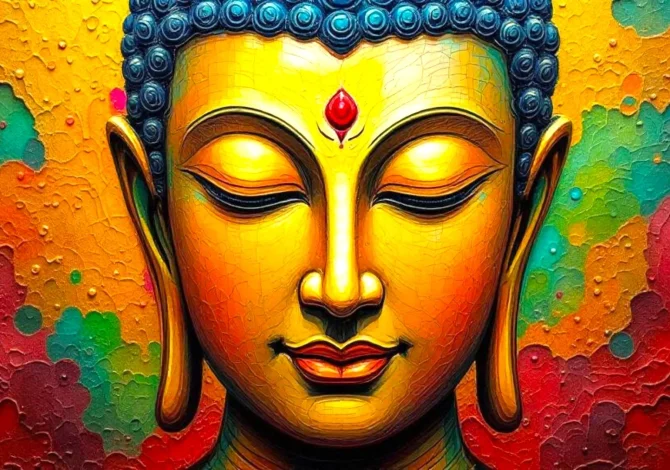 Close-up of a colorful Buddha face with closed eyes, a red dot on the forehead, and an intricate background in shades of orange, green, and teal.