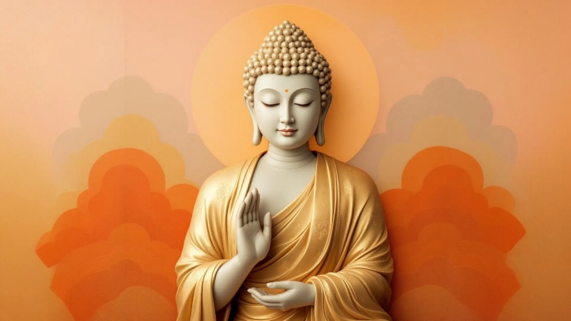 A serene sculpture of Buddha in a golden robe, with an intricate hairstyle, against a warm, gradient background featuring soft clouds in shades of orange and cream.
