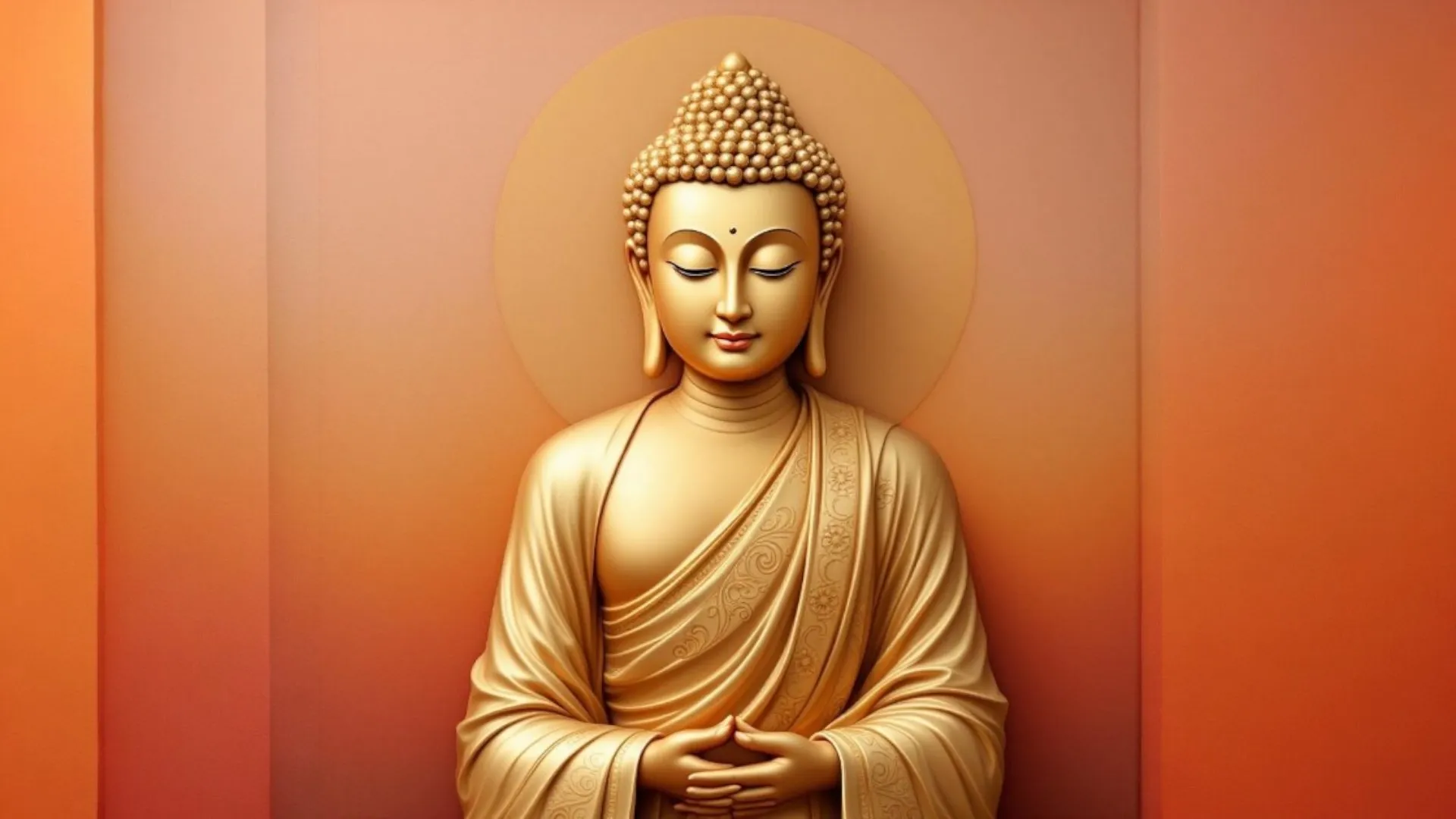 A golden Buddha statue in a meditative pose, set against a warm gradient background of orange hues. The statue has a serene expression, with eyes closed, hands held together in front.