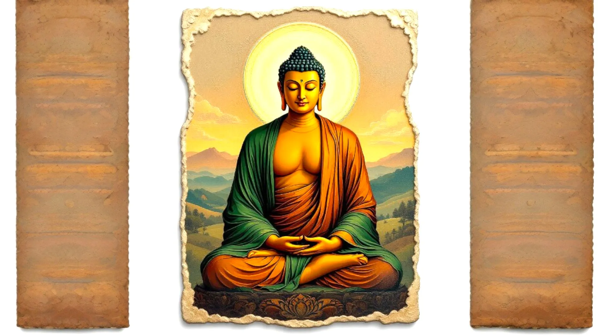 An illustration of a Buddha figure seated in meditation, surrounded by a glowing halo, with hills and mountains in the background.