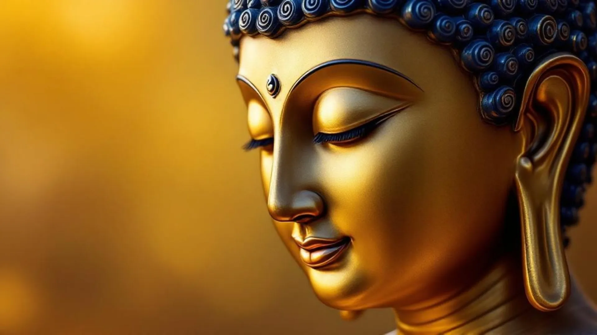 Close-up of a golden Buddha statue with intricate blue curls, set against a warm, golden background.