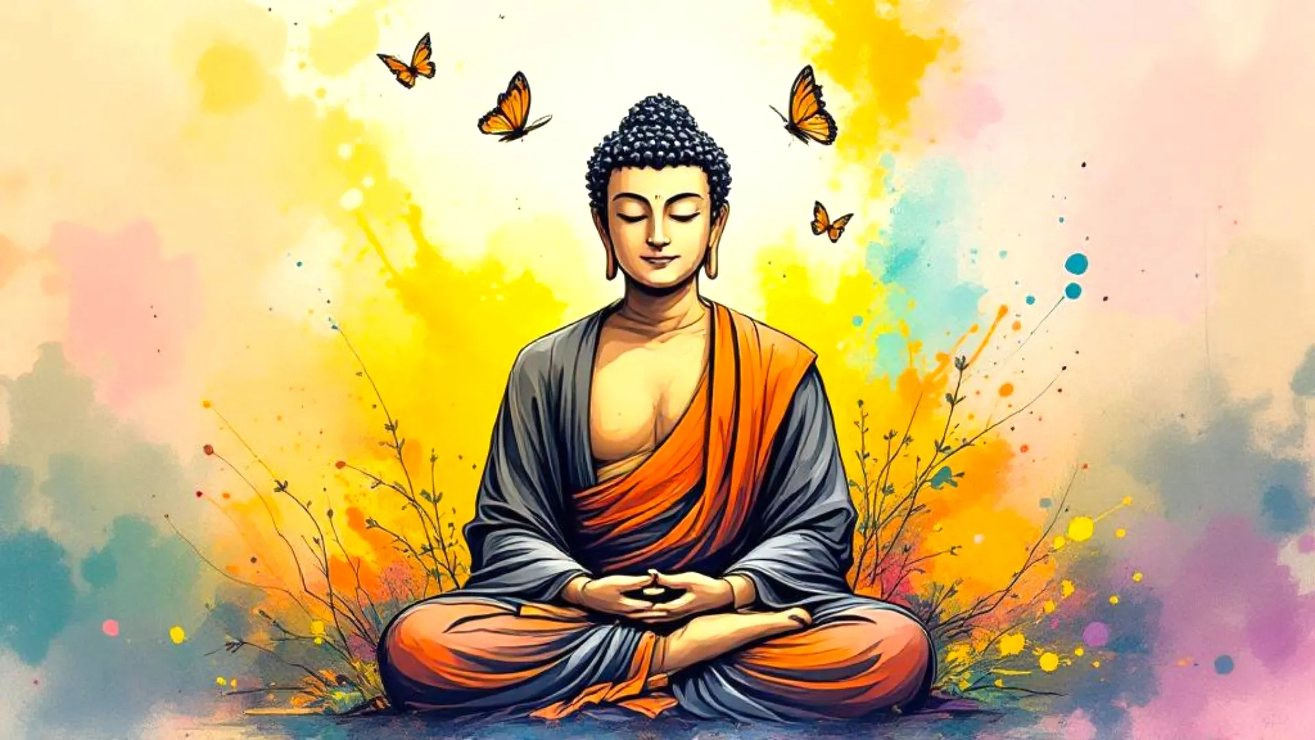 A serene depiction of a meditating figure resembling a stylized Buddha surrounded by butterflies and colorful splashes of paint.
