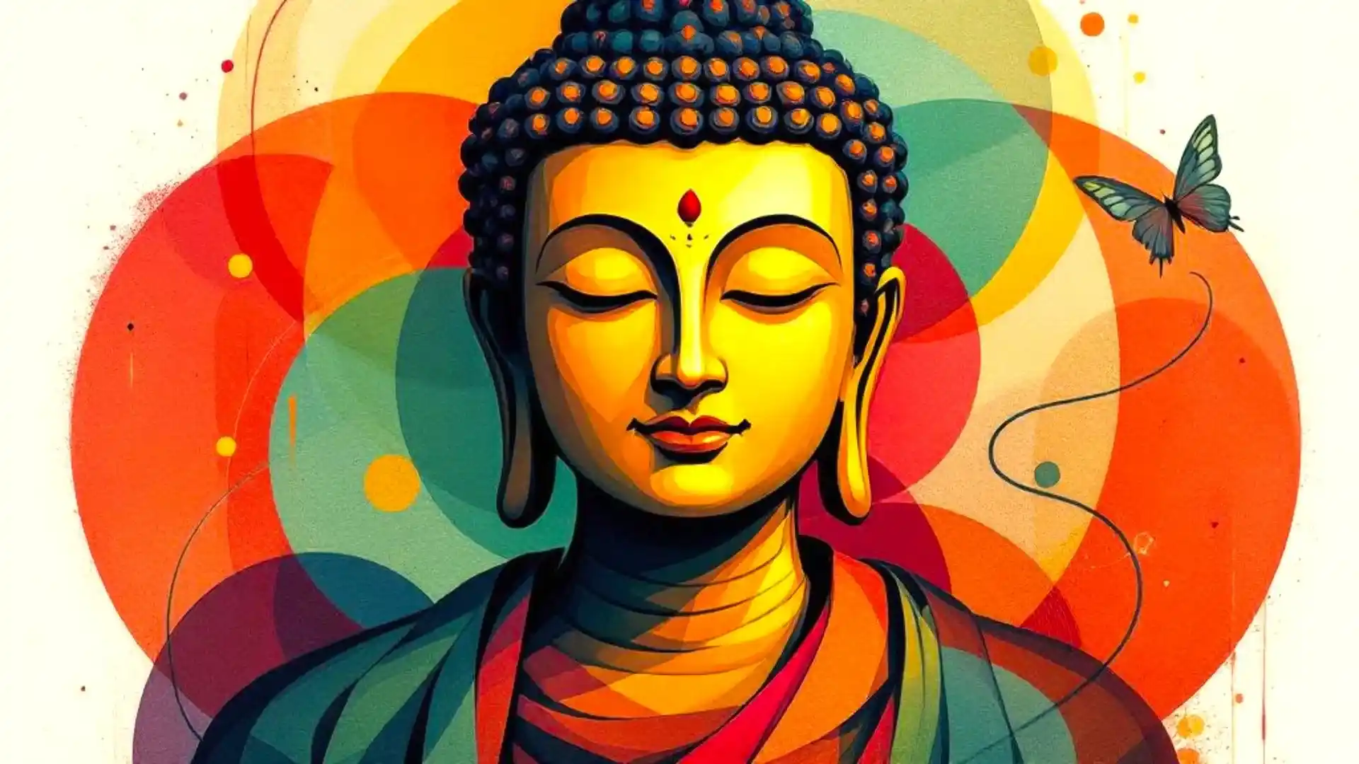Vibrant illustration of a Buddha figure with closed eyes, surrounded by colorful circles and a butterfly.