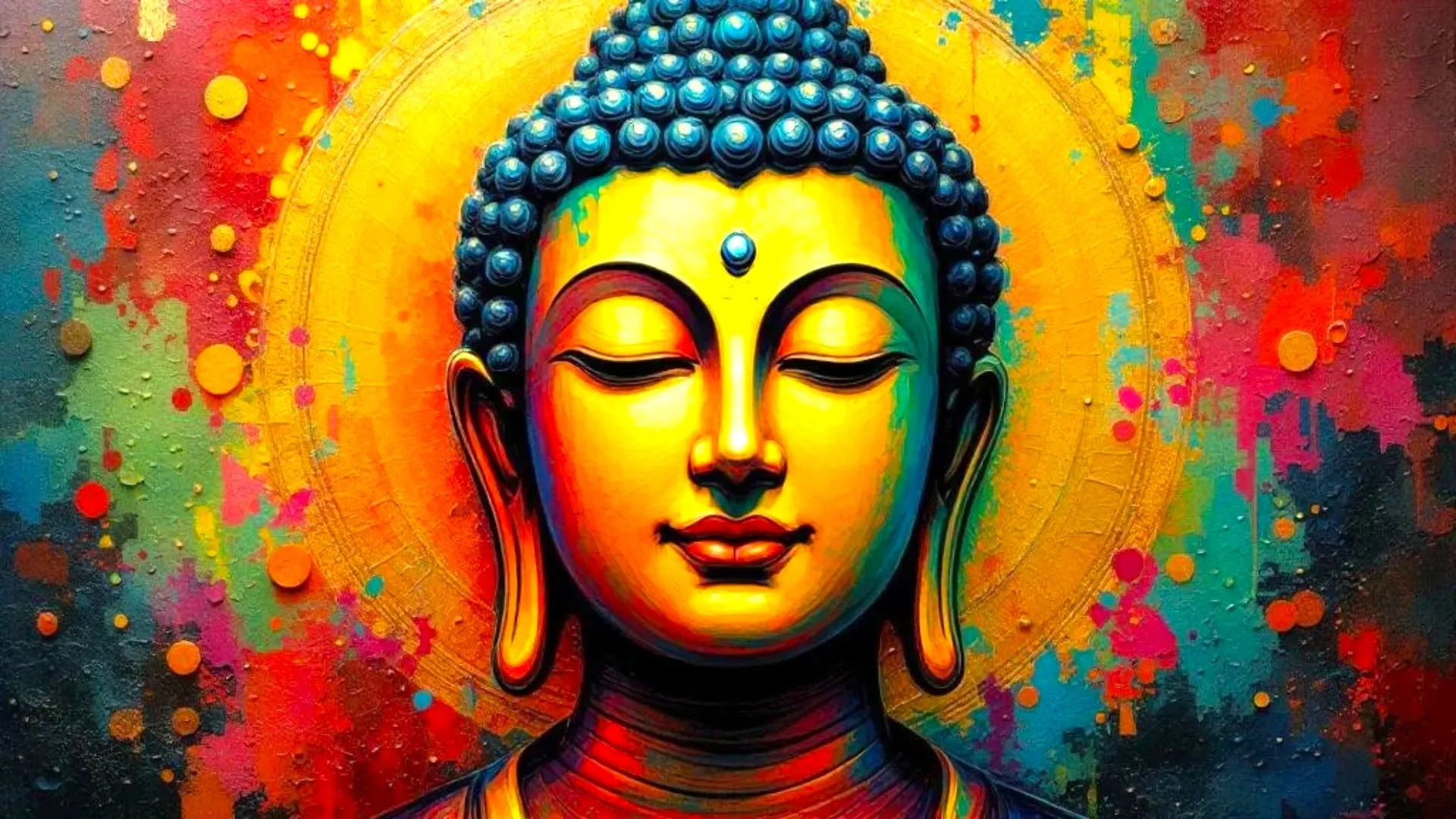 Close-up of a colorful depiction of Buddha with eyes closed and a peaceful expression, set against a multicolored background.
