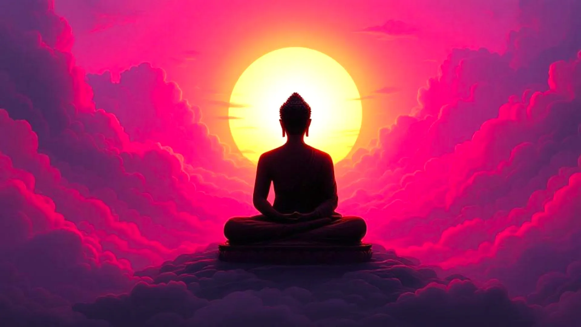 A silhouette of a meditating figure against a vibrant pink and orange sunrise, surrounded by fluffy clouds.