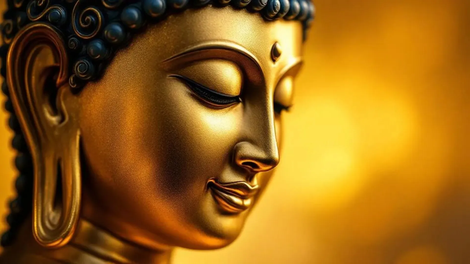 Close-up of a golden Buddha statue with intricately detailed features against a blurred warm background.