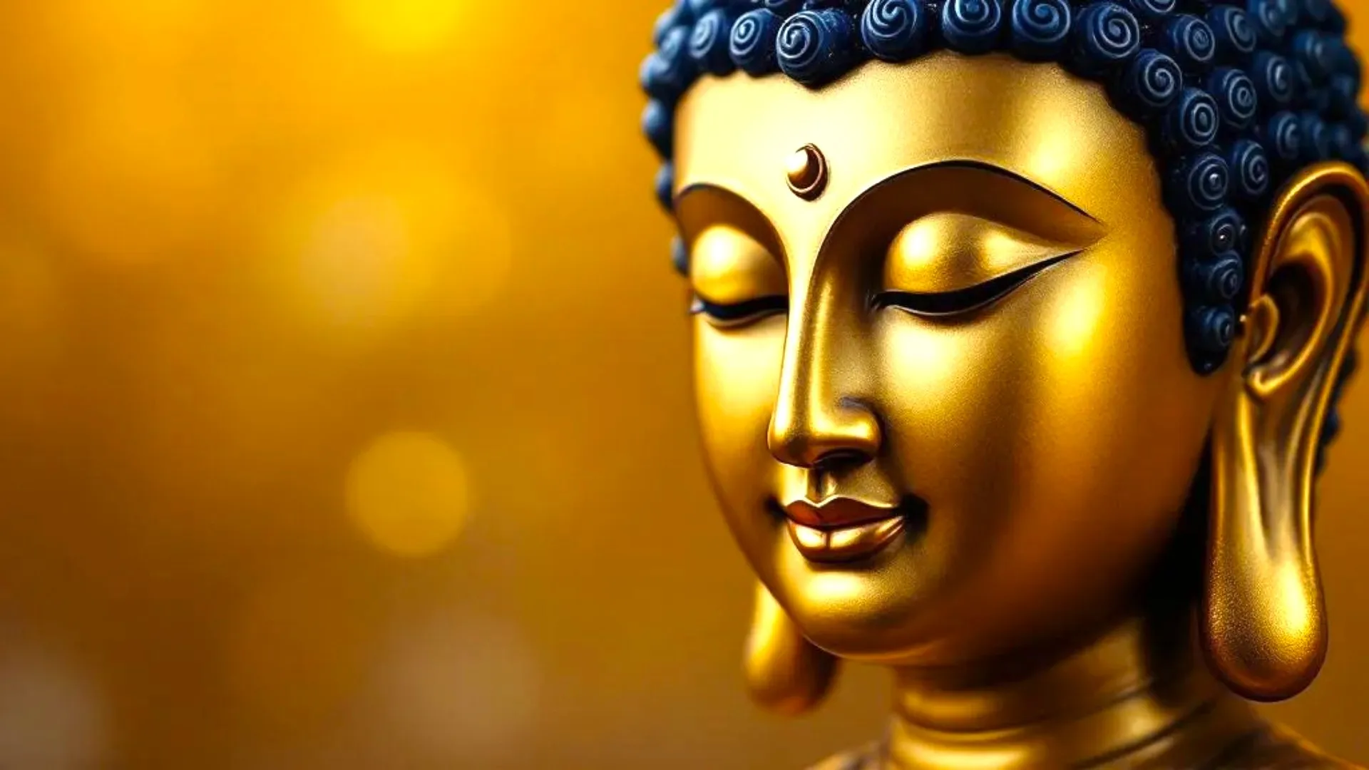Close-up of a golden Buddha statue, with a softly smiling face and closed eyes, set against a warm golden background.