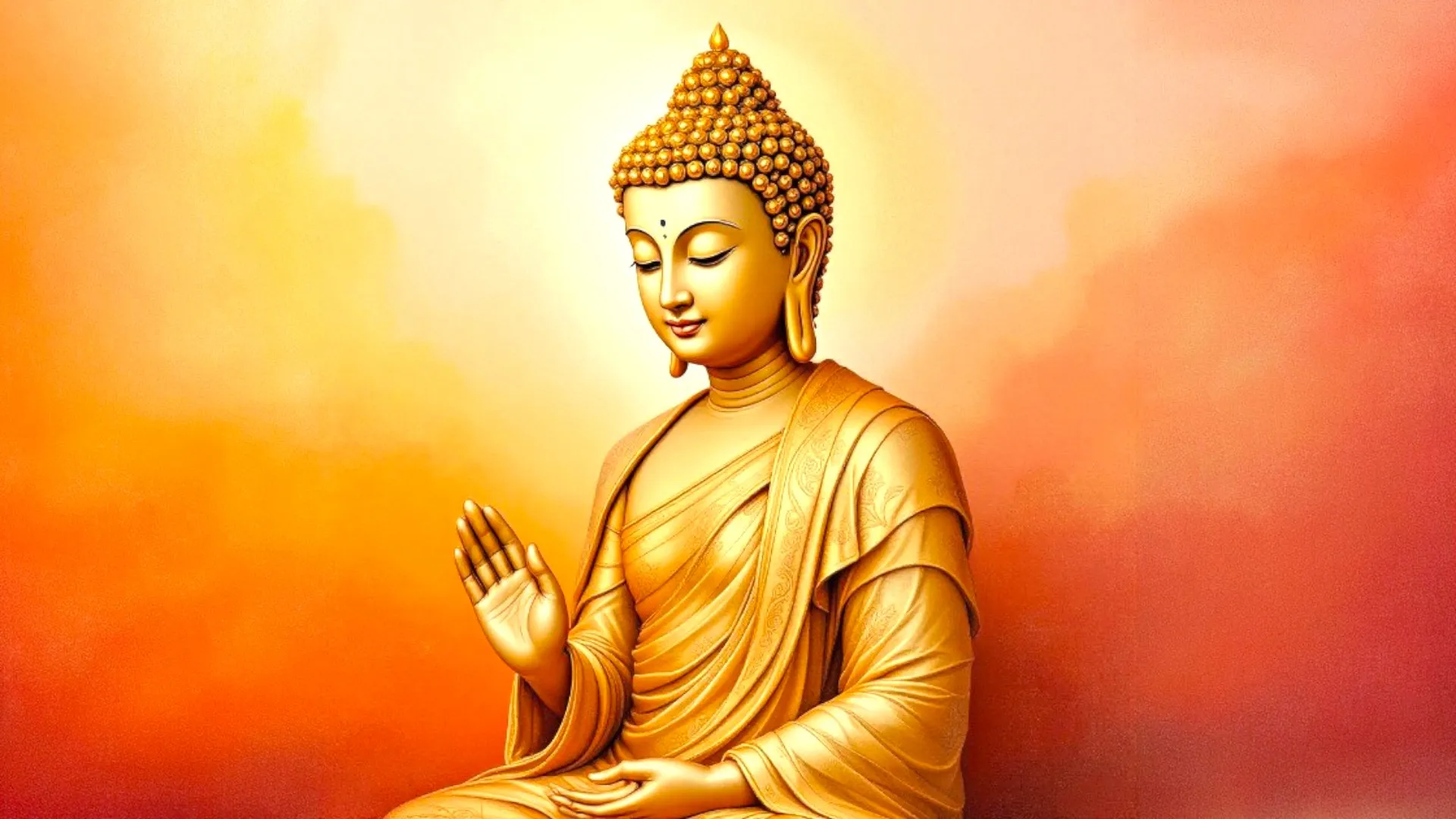 Golden statue of Buddha seated with one hand raised in a gesture of blessing, set against a soft gradient of orange and yellow hues.