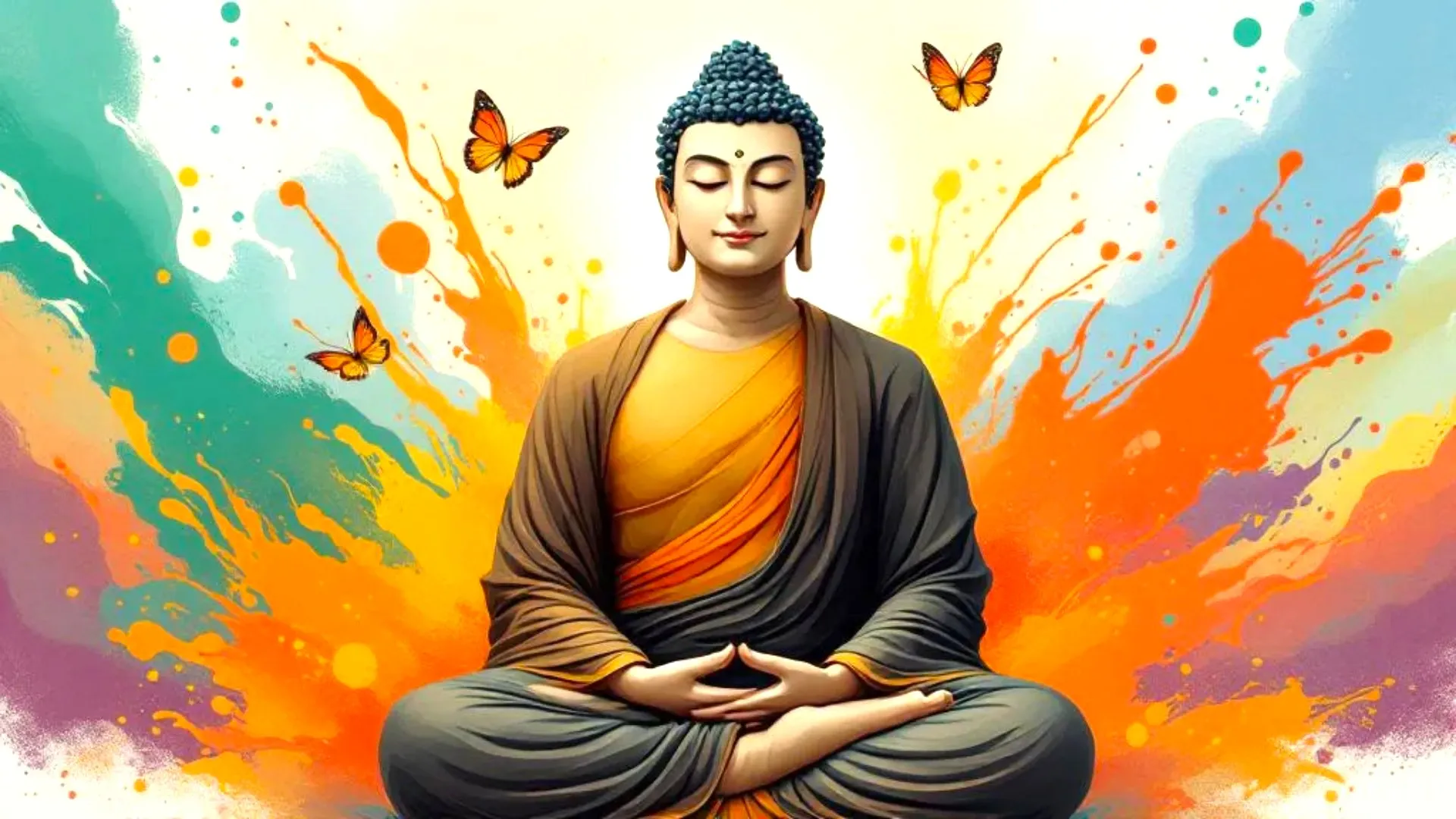 An artistic depiction of a seated Buddha in meditation, surrounded by vibrant splashes of orange, teal, and butterflies.
