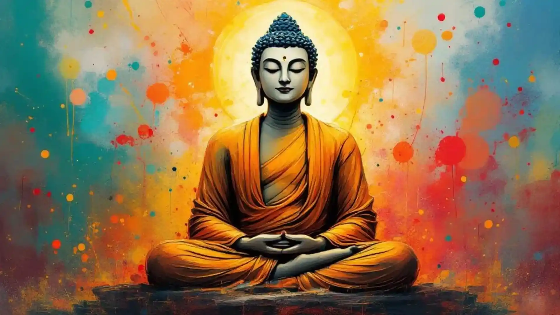 A stylized image of a seated figure resembling Buddha, adorned in an orange robe, set against a colorful, abstract background featuring splashes of blue, orange, and red.
