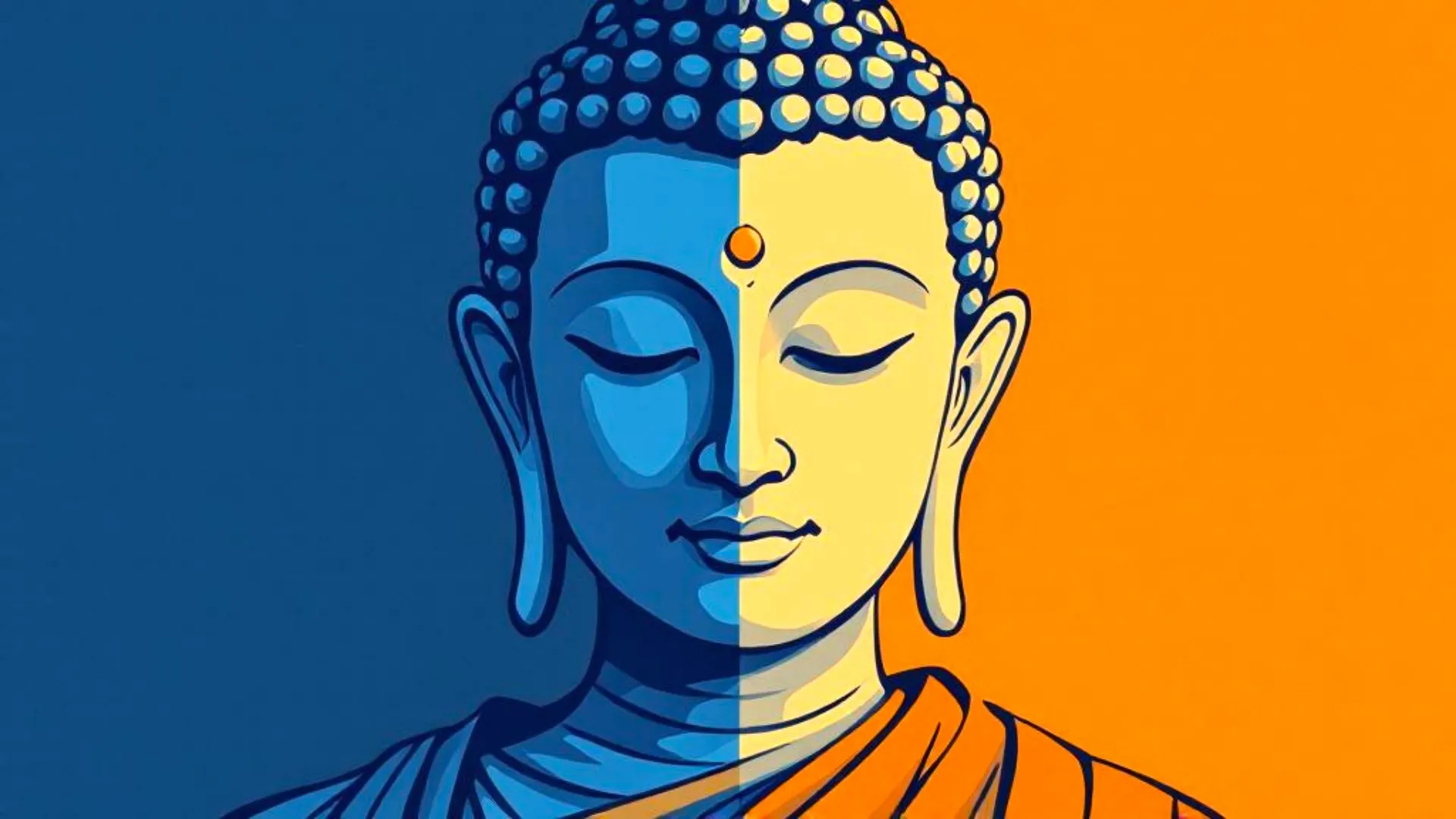 An artistic depiction of Buddha's face, with one half in cool blue tones and the other in warm orange tones.