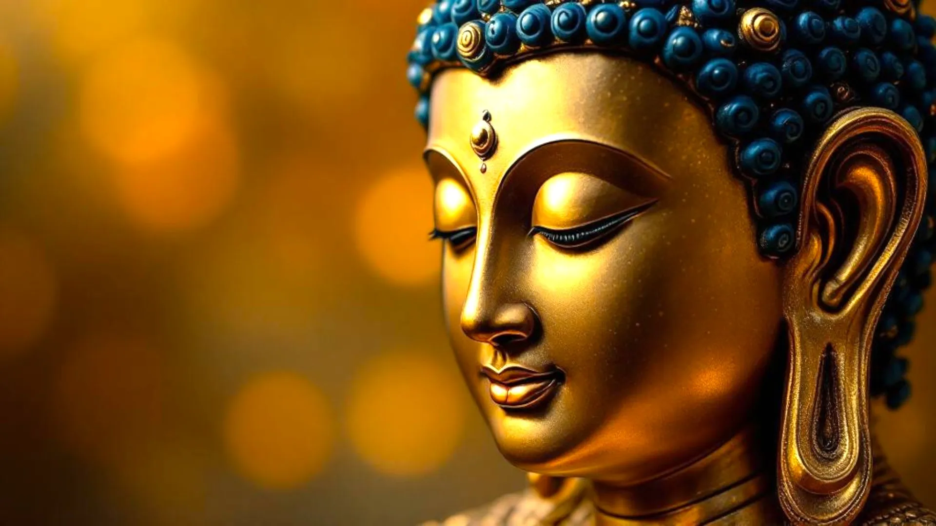 Close-up of a golden statue of Buddha with closed eyes and intricate details, set against a soft, warm background of golden bokeh lights.