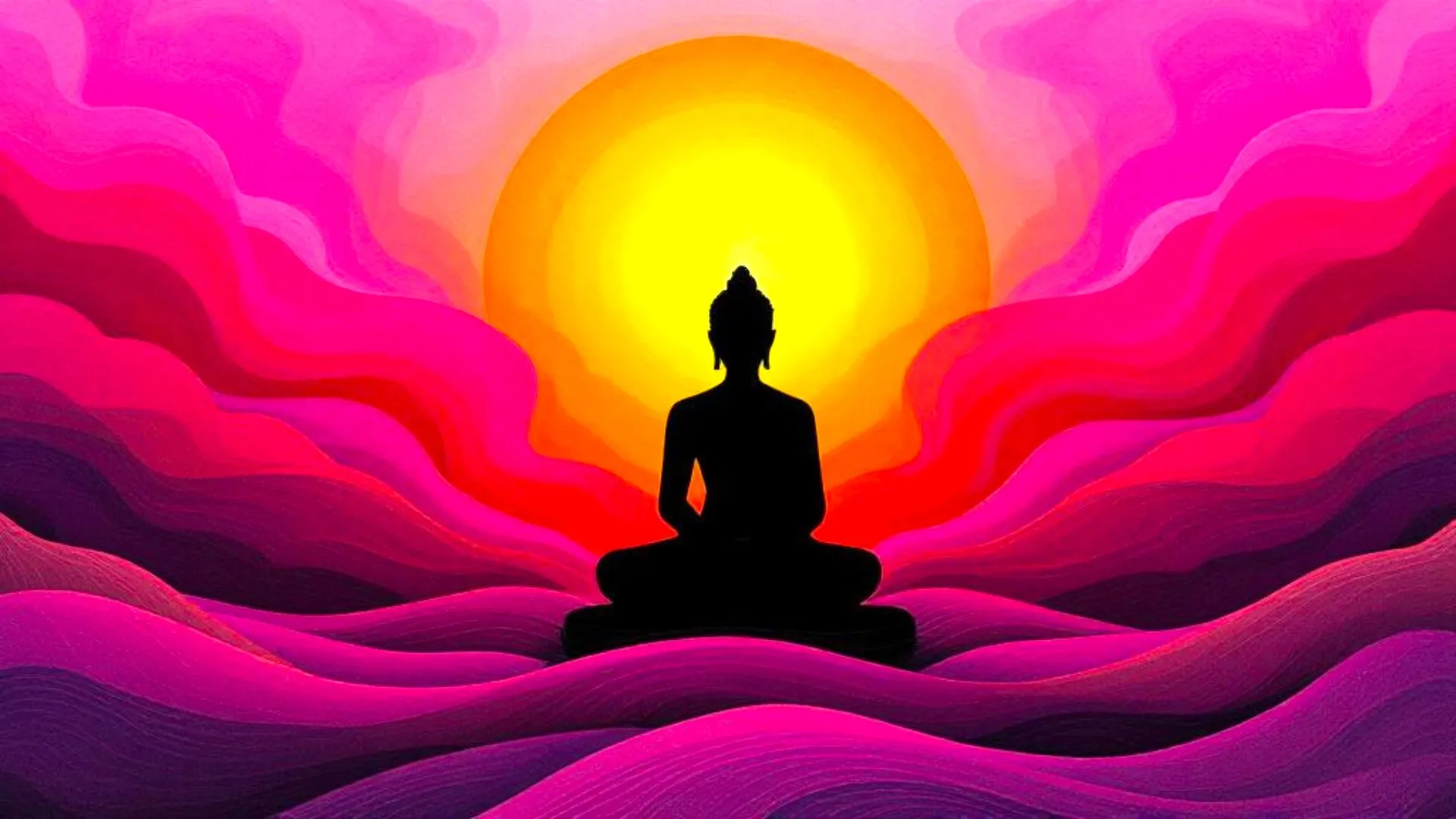 A silhouette of a meditative figure sits against a vibrant backdrop of swirling pink and orange waves with a large yellow sun rising in the center.