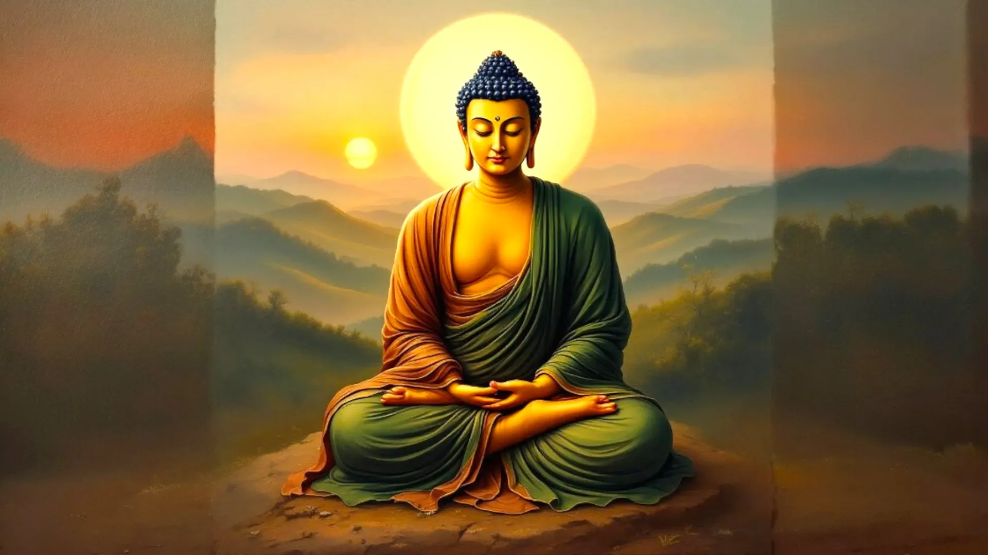 A seated Buddha figure with a serene expression, surrounded by a glowing halo, against a background of soft mountains and a sunrise.