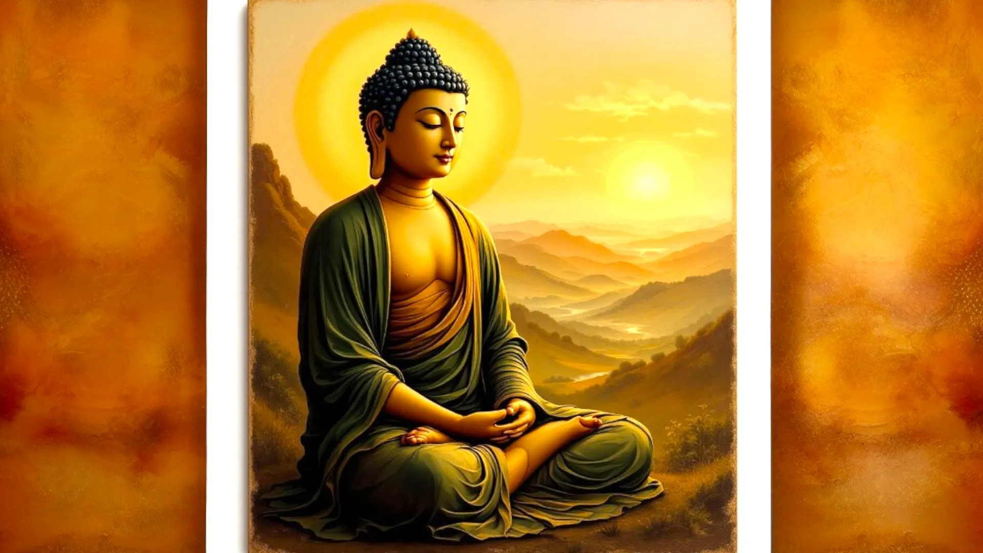 A serene image of Buddha seated in meditation, surrounded by mountains and a glowing sunset, radiating tranquility and peace.