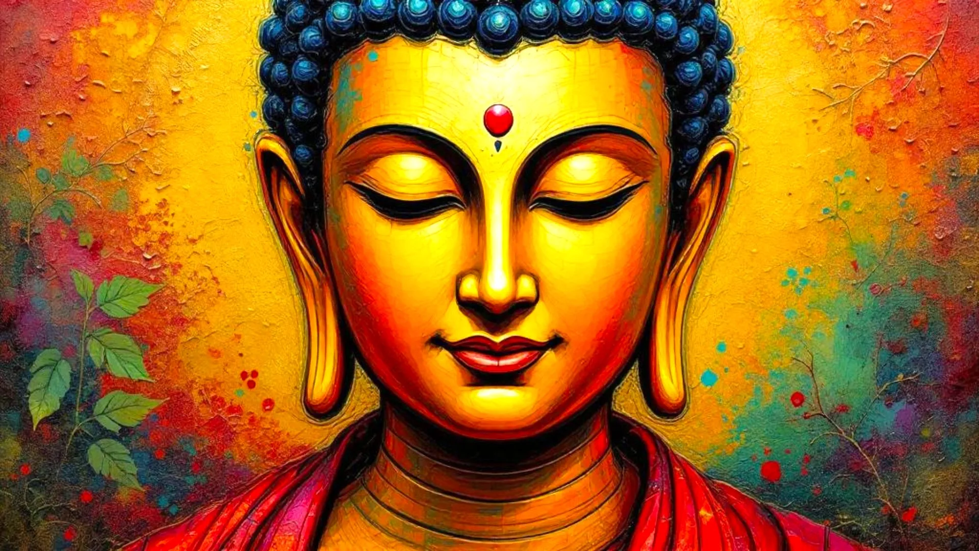 Artistic illustration of a serene figure with closed eyes, adorned with a blue beaded crown and a red dot on the forehead, set against a colorful background.
