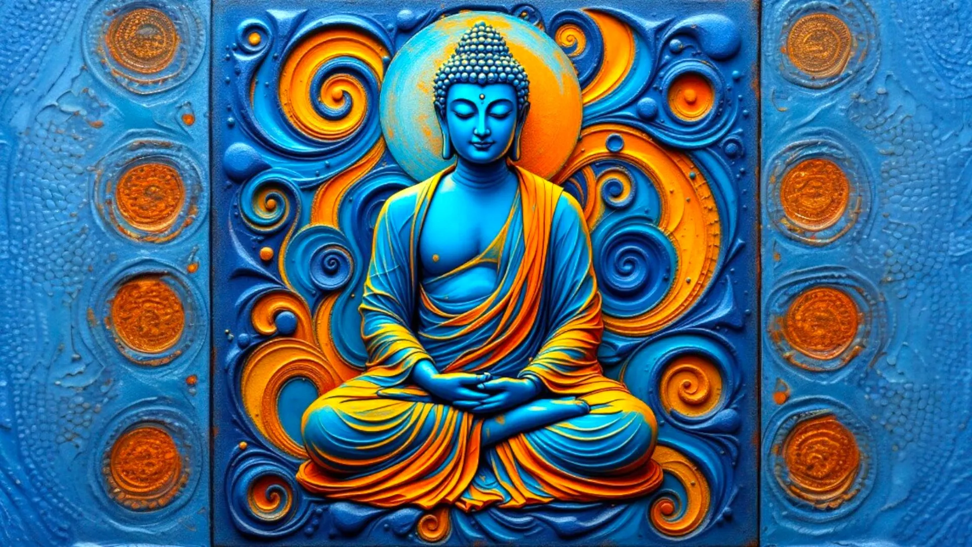 Artistic depiction of a seated Buddha in blue and gold tones, surrounded by swirling patterns in blue and orange on a textured background.