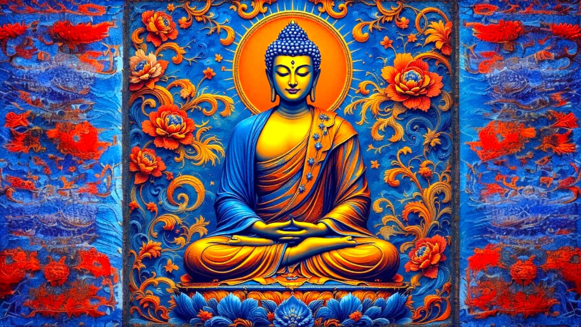 Artistic representation of the Buddha seated in meditation, surrounded by colorful floral motifs on a blue background