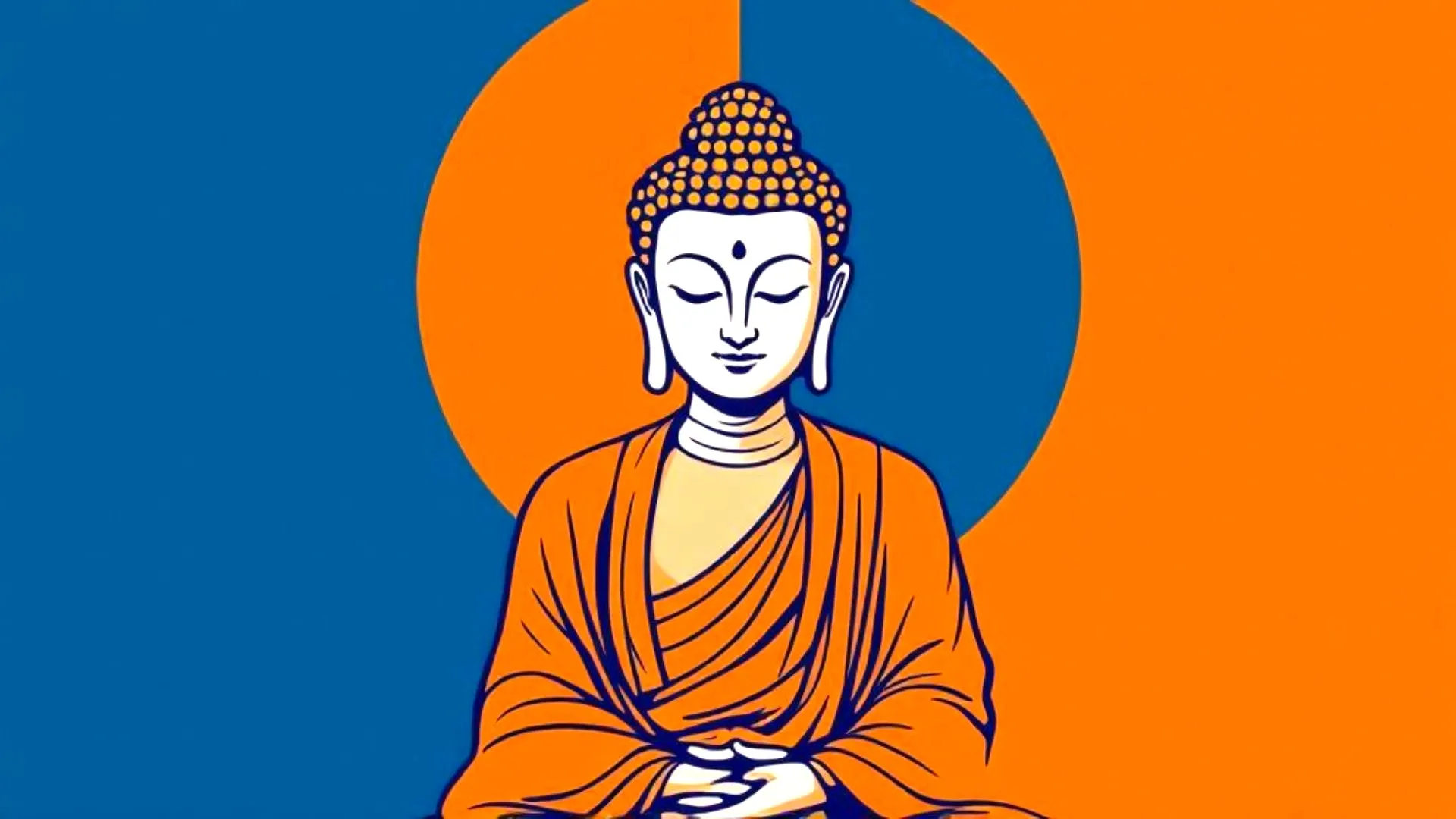 An illustration of a seated Buddha figure with a serene expression, outlined in bold colors. The background features a circular design split into blue and orange sections.