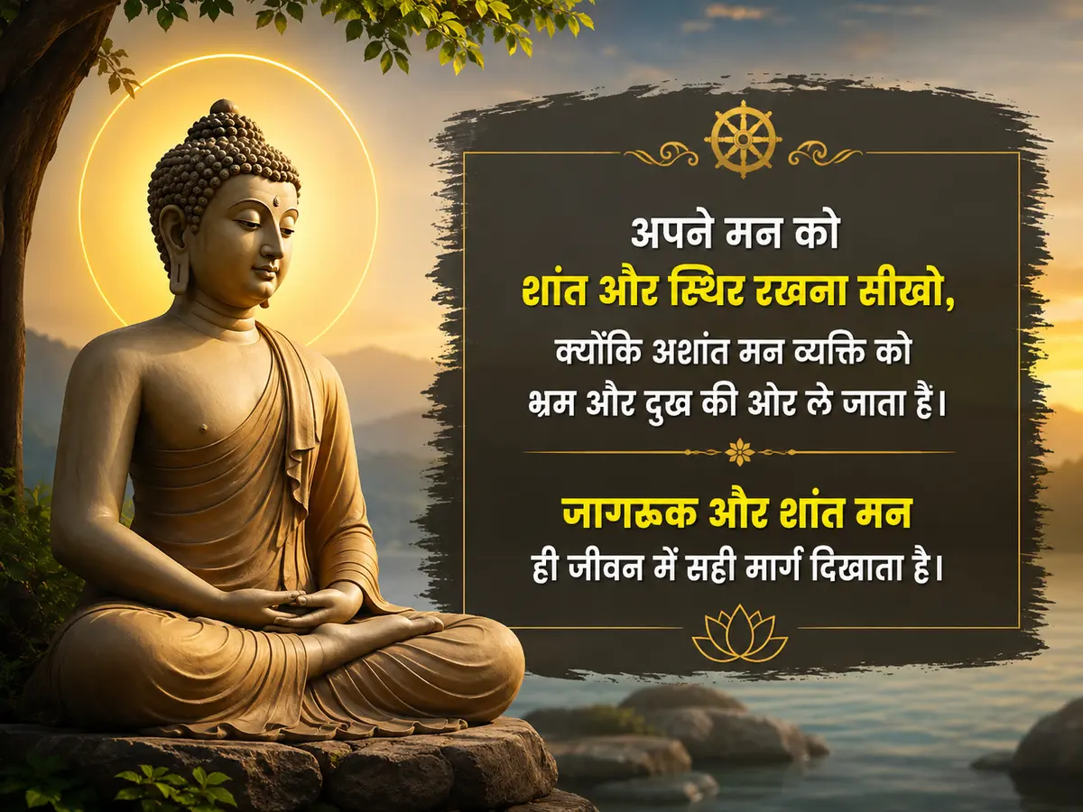 Serene Lord Buddha meditating beside a peaceful lake at sunrise with an inspiring Hindi quote about keeping the mind calm, stable, and mindful to find the right path in life.