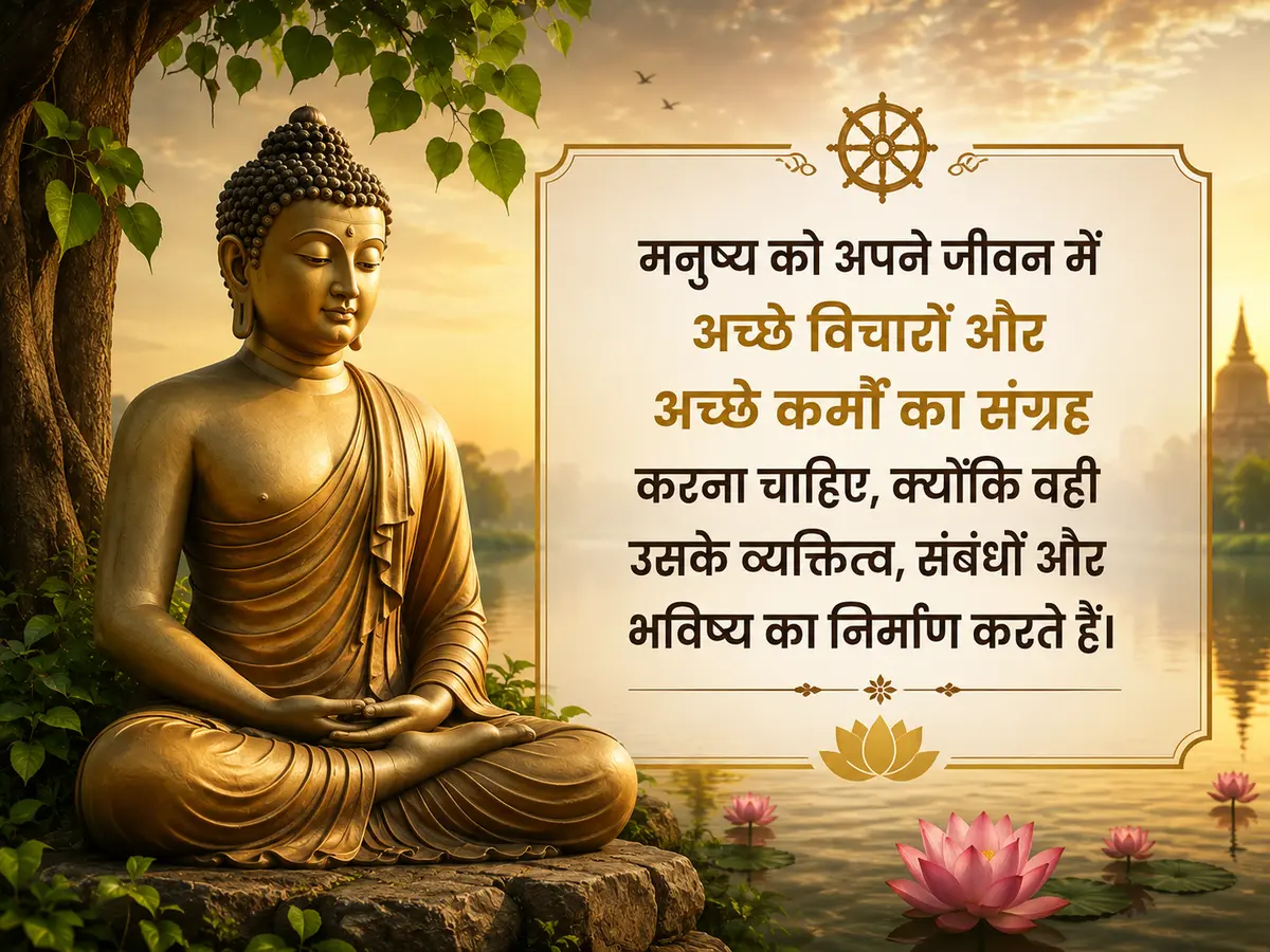 A serene banner featuring Lord Buddha meditating beside a peaceful lake at sunrise, with an inspiring Hindi quote emphasizing that good thoughts and good deeds shape a person's character, relationships, and future.