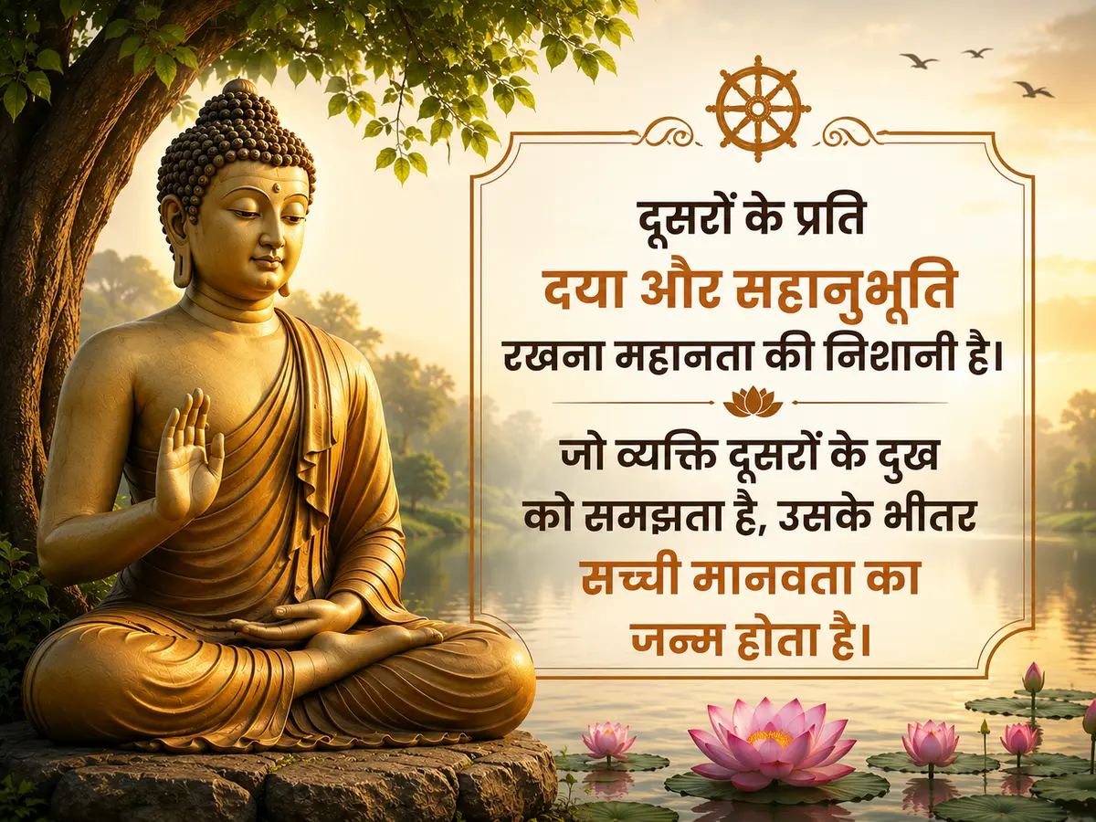 A peaceful banner featuring Lord Buddha meditating beside a tranquil lake at sunrise, with an inspiring Hindi quote about compassion, empathy, and understanding the suffering of others as the true essence of humanity.