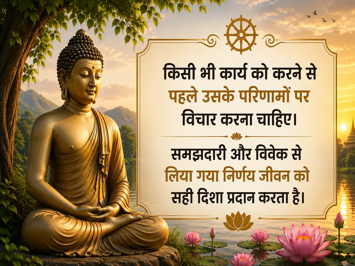 A serene banner featuring Lord Buddha meditating beside a peaceful lake at sunrise, accompanied by an inspiring Hindi quote about thinking carefully before taking action and making wise decisions.