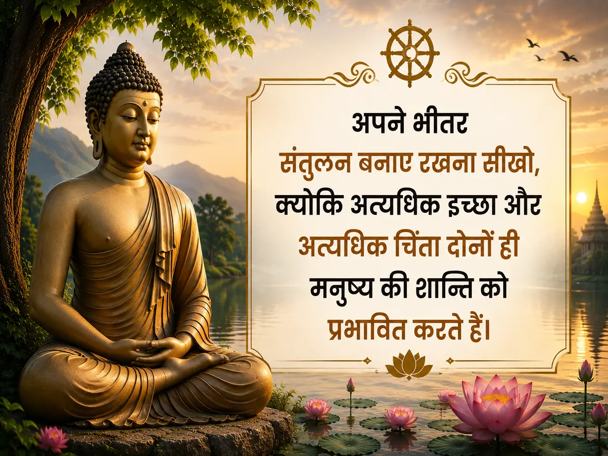 A serene banner featuring Lord Buddha meditating beside a peaceful lake at sunrise, with an inspiring Hindi quote about maintaining inner balance and avoiding excessive desire and worry to achieve lasting peace.
