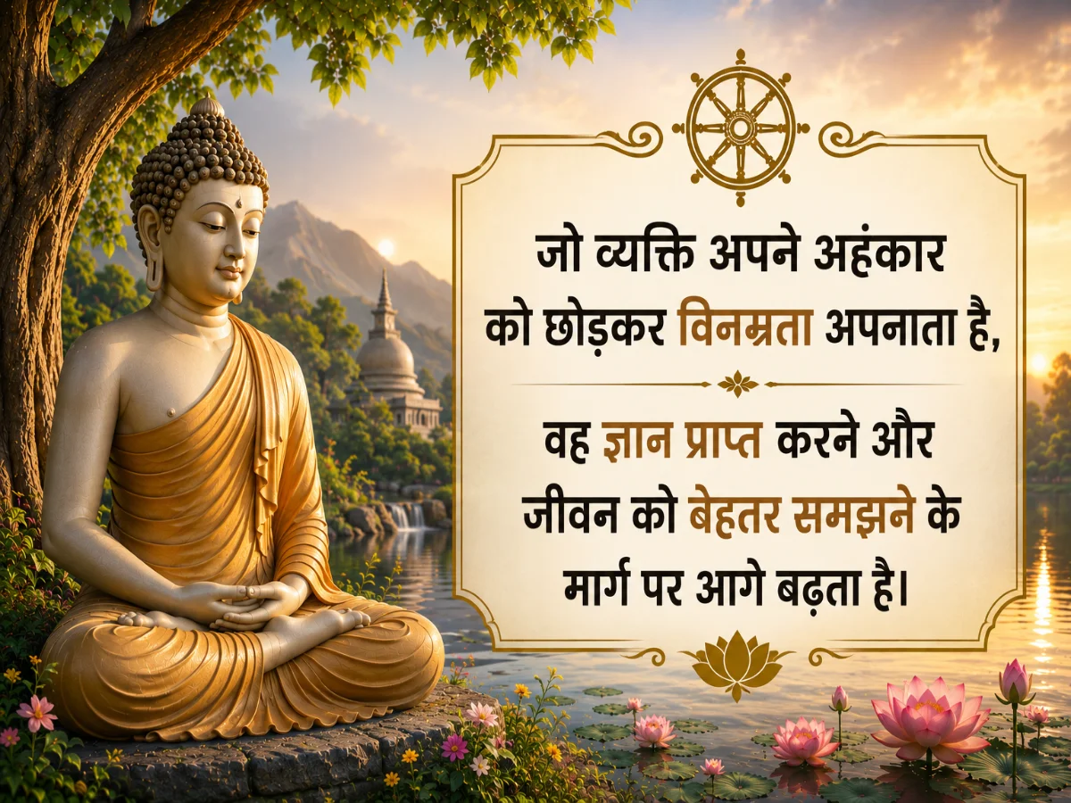 A peaceful banner featuring Lord Buddha in meditation beside a serene river with a Buddhist temple, waterfalls, lotus flowers, and mountains in the background, accompanied by an inspiring Hindi quote about humility, wisdom, and personal growth.