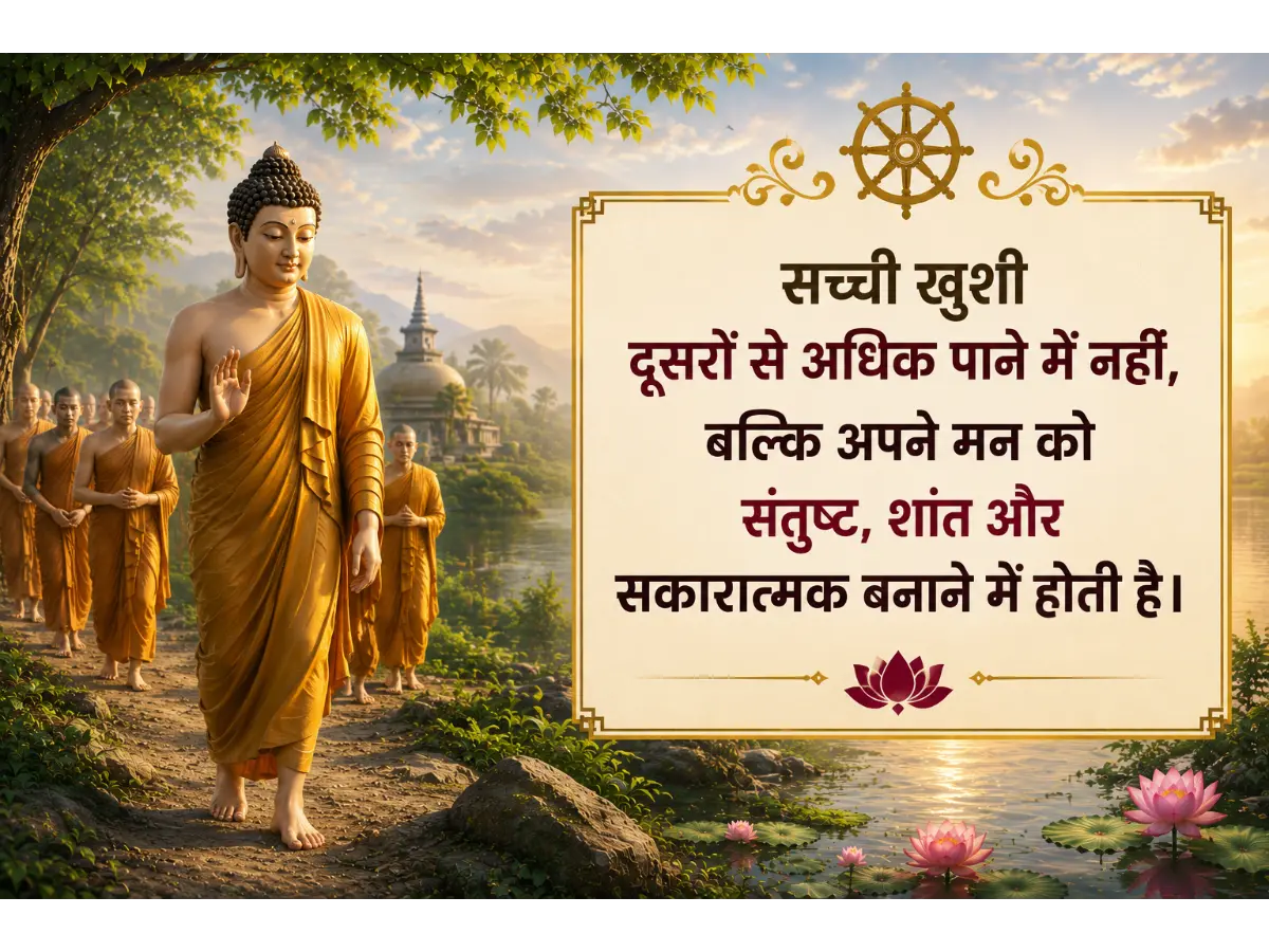 A digital illustration of Lord Buddha walking with monks alongside a serene river, featuring a framed text box with a Hindi quote about true happiness.