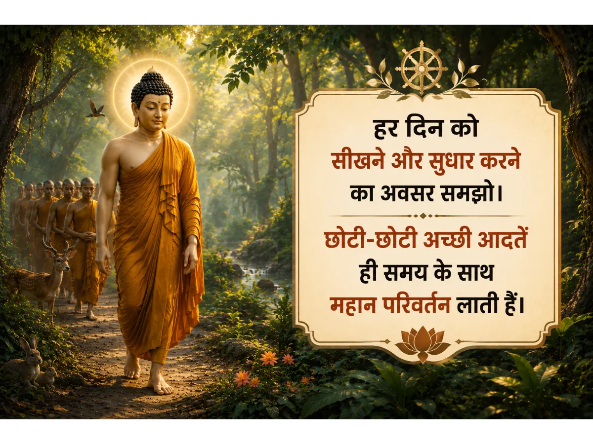 A digital illustration of Lord Buddha with a glowing halo walking through a lush forest path followed by monks and animals, beside a framed Hindi quote about personal growth and habits.