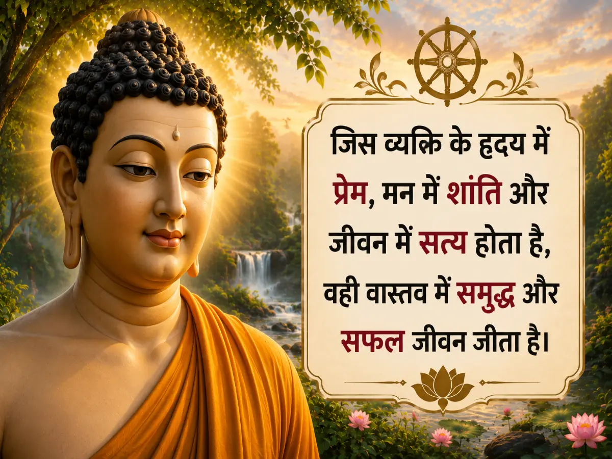 A close-up digital illustration of Lord Buddha with a radiant golden background, alongside a framed Hindi quote about living a prosperous and successful life through love, peace, and truth.