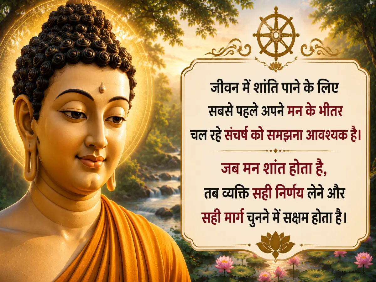 A close-up digital illustration of Lord Buddha with a radiant golden halo, alongside a framed Hindi quote about understanding inner conflict to find peace and make the right choices.