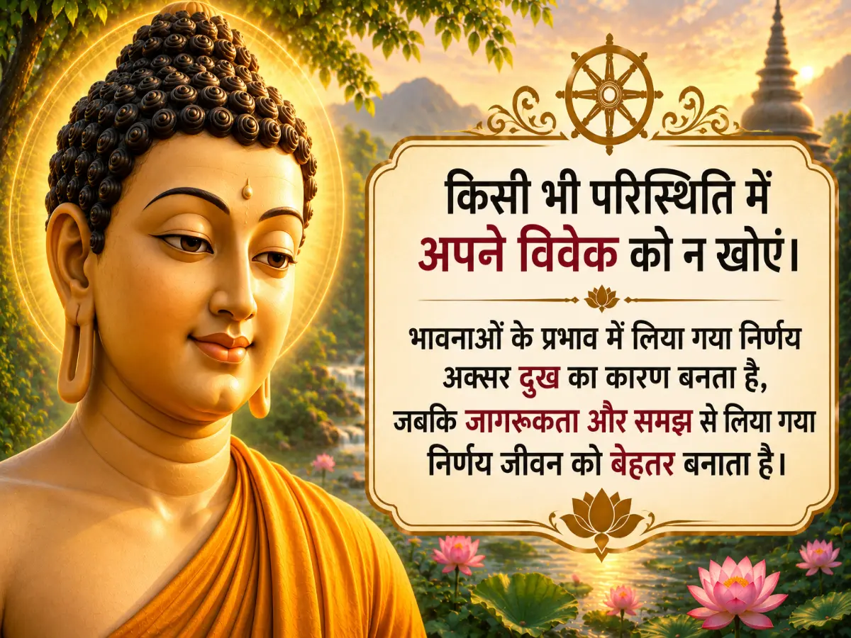 A close-up digital illustration of Lord Buddha with a radiant golden halo, beside a framed Hindi quote about maintaining discernment and making decisions with awareness rather than emotion.