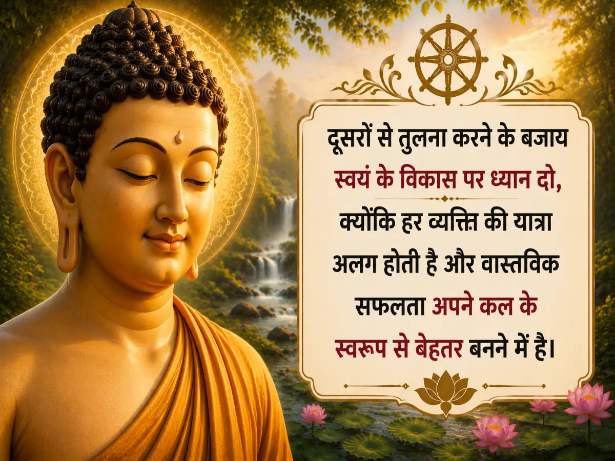 A close-up digital illustration of Lord Buddha with a glowing, intricate halo, alongside a framed Hindi quote about focusing on self-development instead of comparing oneself to others.