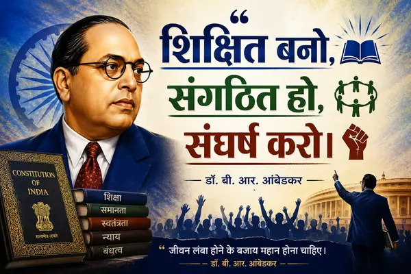 An inspirational digital poster featuring a portrait of Dr. B.R. Ambedkar on the left, a stack of books representing the Constitution of India and values like education, equality, and liberty, and large Hindi text displaying his famous quote: "Educate, Agitate, Organize" alongside symbols of a book, a circle of people, and a raised fist, with a crowd and the Parliament building silhouette at the bottom.