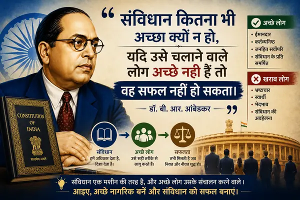 An inspirational digital poster featuring a portrait of Dr. B.R. Ambedkar on the left next to the Constitution of India book. In the center, large Hindi text displays his quote about governance and good people. The top right features two comparison panels for "Good People" (honest, dutiful, public interest first) and "Bad People" (corrupt, selfish). The bottom section includes a process flow graphic, a silhouette of the Parliament building with people facing it, and a concluding thought at the foot of the image.