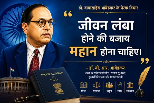 An inspirational digital poster featuring a portrait of Dr. B.R. Ambedkar on the left against a dark blue background with an Ashoka Chakra outline. On the right, large Hindi text displays his quote about life being great rather than long, attributed to Dr. B.R. Ambedkar along with descriptive titles. The lower portion includes a copy of 'The Constitution of India', a pen, a silhouette of the Indian Parliament building with the national flag, and a row of icons with labels for education, equality, fraternity, struggle, and constitution.