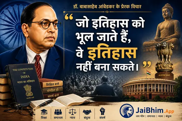 An inspirational digital poster featuring a portrait of Dr. B.R. Ambedkar on the left next to a copy of 'The Constitution of India' and a stack of books. In the center, large Hindi text displays his quote about history. The upper right corner shows a statue of Lord Buddha and the Lion Capital emblem, while the lower background features a silhouette of a crowd, a view of the Indian Parliament building